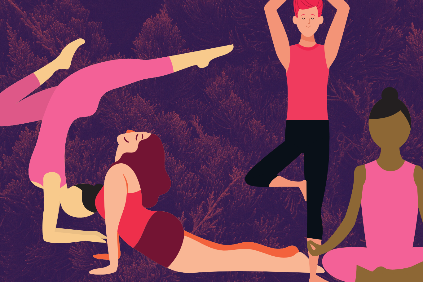 Digital illustration of people practising yoga poses against a purple background with red bush planting.
