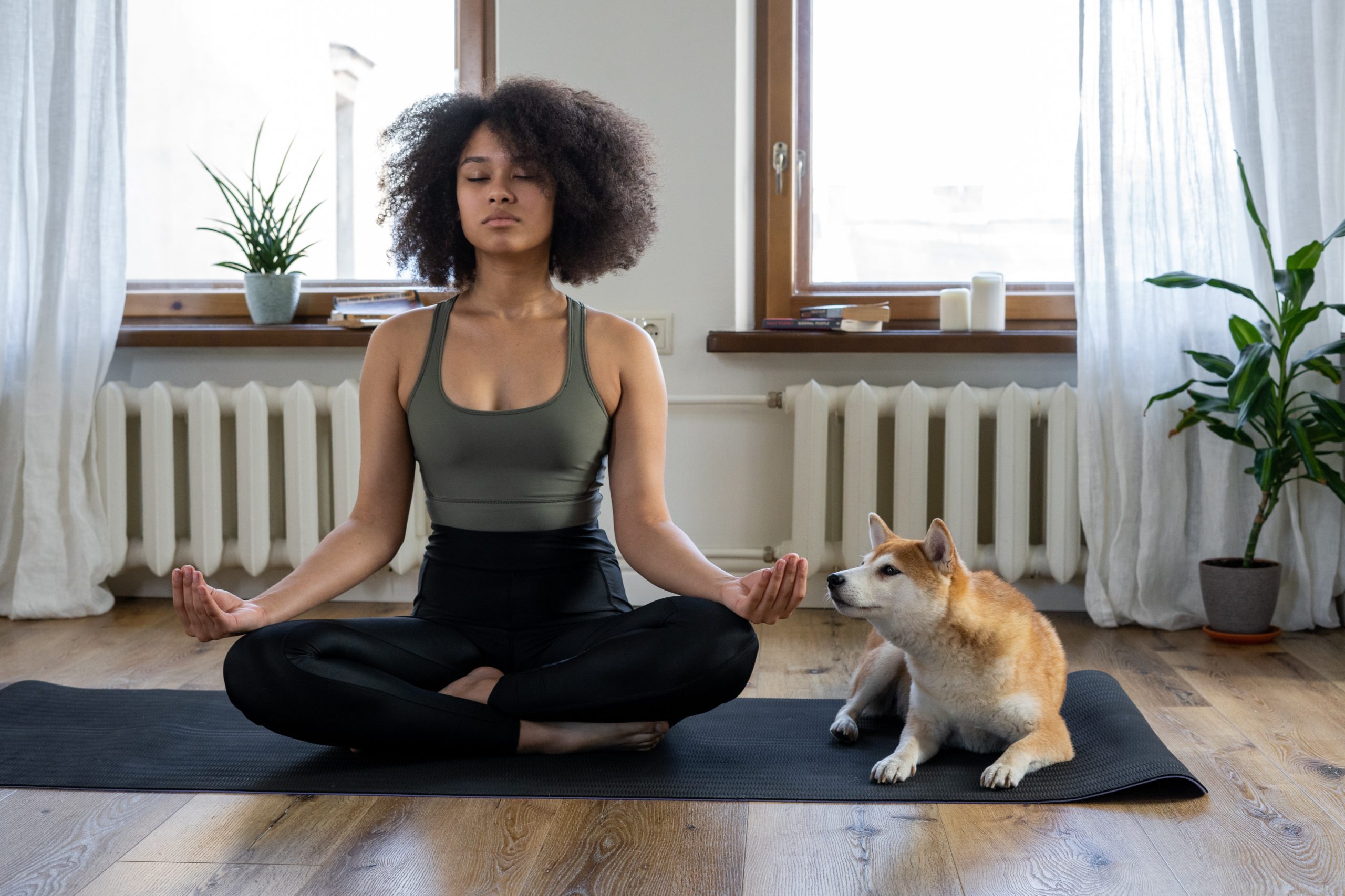 Woman with an afro meditating on a yoga mat beside an akita inu dog